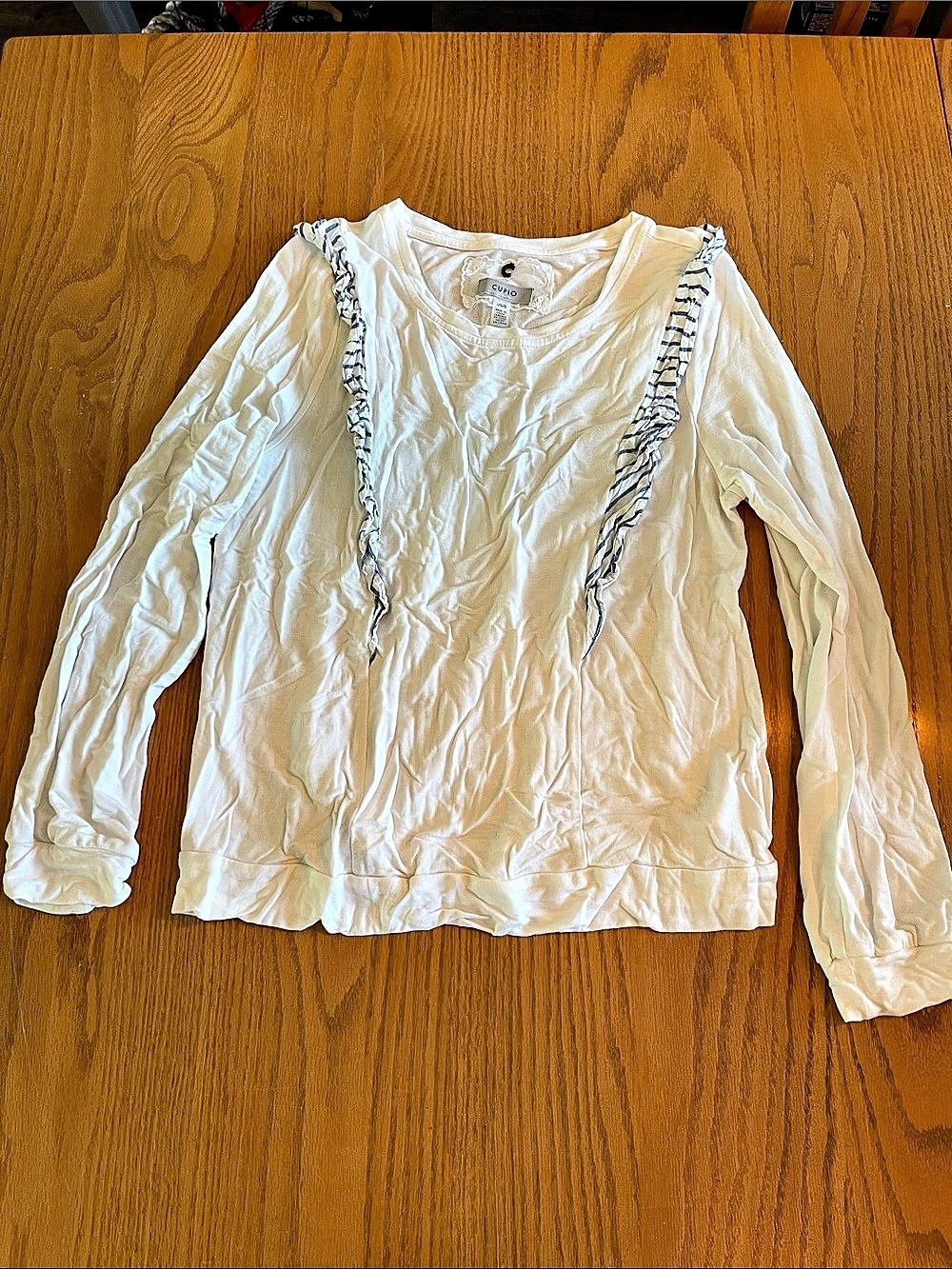 Cupio Long Sleeve Crew Neck Ruffled Woven Knit Top White